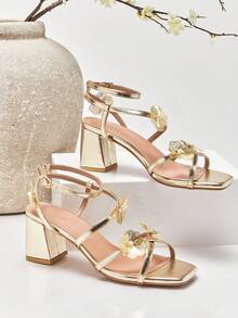 SHUZIA #FloralGlam Sandal nữ mũi vuông, họa tiết hoa 3D màu vàng kim, quai ngang mắt cá chân, chất liệu PU ánh kim, gót vuông – Thanh lịch, sang trọng và thoải mái - Vàng - Xem 7