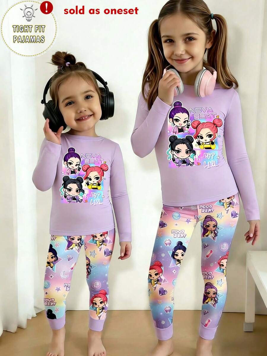 一套女童紧身睡衣，紫色针织圆领长袖上衣，印有女孩团体图案，搭配渐变印花裤子。 - 淡紫色 - 查看 1