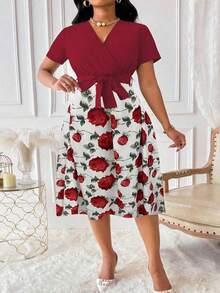 EMERY ROSE 大码女式休闲度假红色碎花蝴蝶结腰带连衣裙 - 紅色 - 查看 5