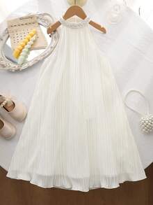 SHEIN Vestido sin mangas y sin espalda de moda minimalista informal para niña preadolescente, versátil para salidas, hogar, vacaciones y uso diario - Blanco - Ver 2