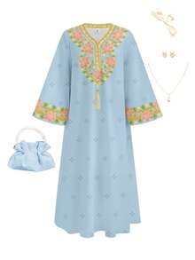 SHEIN Vestido de manga larga con estampado floral casual para niñas jóvenes, adecuado para primavera/verano - Celeste - Ver 4