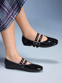 CUCCOO GRLICON Women's Rivet Decor Buckle Flat Loafers Valentine's Day - Black - View 2