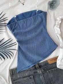 SHEIN 少女不对称下摆褶皱侧开衩露脐背心，复古蓝色纹理，修身显瘦，性感派对、约会、下午茶、都市街头假日等场合皆宜。 - 霧霾藍 - 查看 2