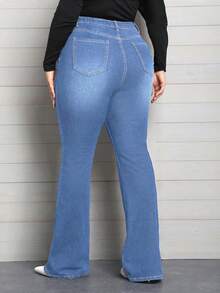 EMERY ROSE Plus Size Women Elastic Waist Jeans, Multiple Button Design Skinny Flare Pants - Light Wash - View 2