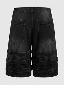 Street Life Quần short denim nam dáng rộng, nhiều dây đeo và túi, kiểu dáng thường ngày. - màu đen - Xem 2