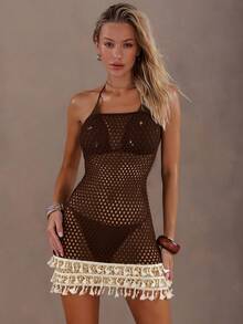 Swim Glamine Women's Brown Summer Boho Beach Vacation Holiday Crochet Dress, Beaded Hollow Knit Mesh See Through Swimsuit Cover Up,Elegant Western Mesh Dress - Brown - View 6