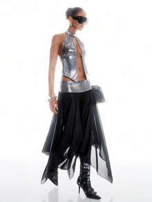 LYSMO 女士露背镂空链条装饰性感无袖吊带上衣 - 酒紅色 - 查看 8