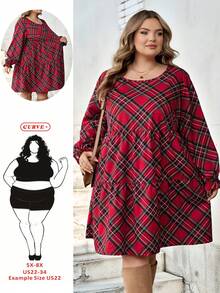 SHEIN CURVE+ 加大码/情人节/大码休闲简约圣诞格子图案宽松圆领连衣裙/2026/新年休闲装和情人节服装 - 彩色 - 查看 7