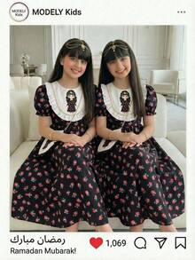 Cute Tween Girls Black Flared Long A Line Dress With Half Puff Sleeves And Round Neck Graphic Print Floral Pattern For Sisters Matching - Black - View 1