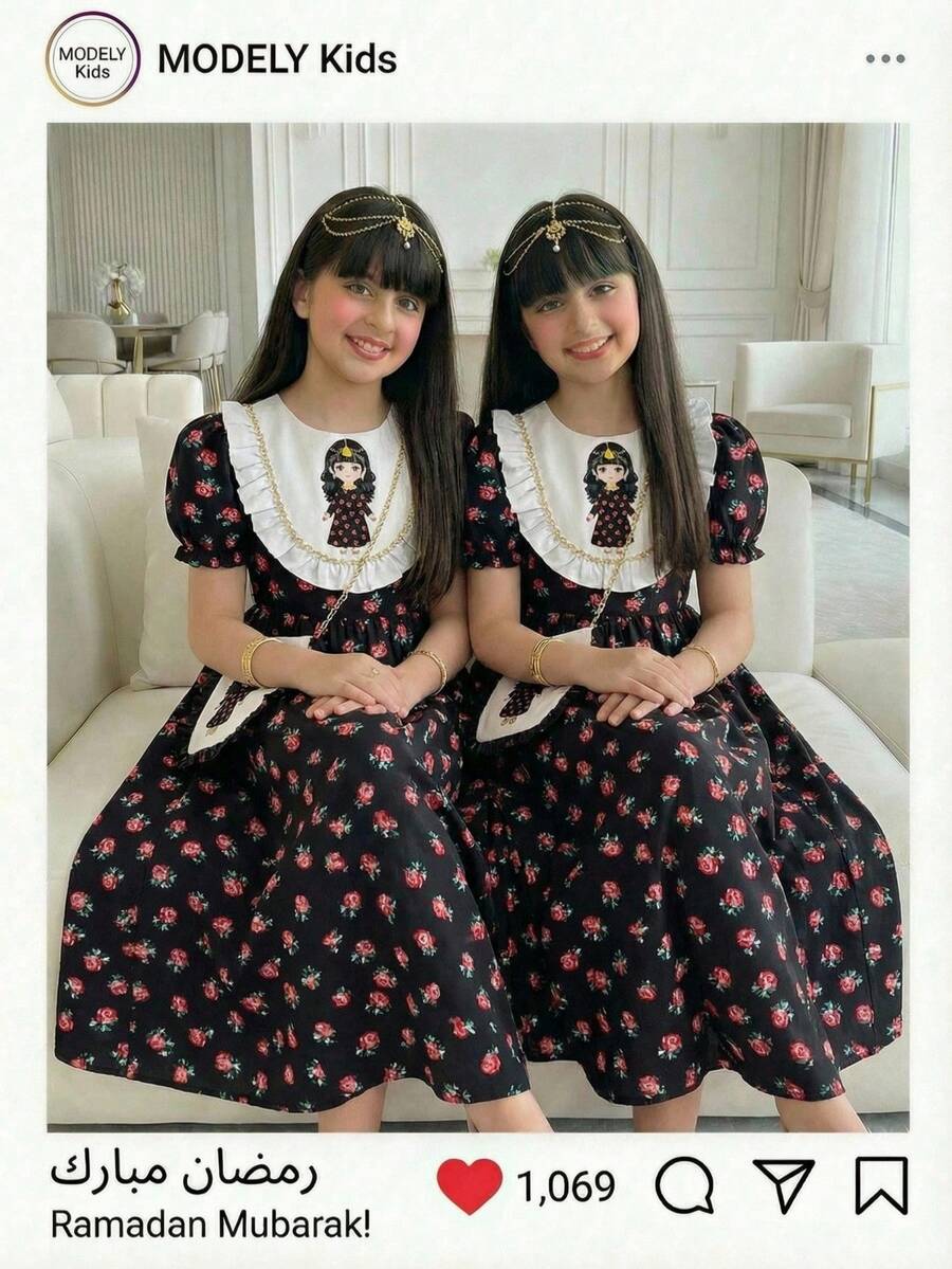 Cute Tween Girls Black Flared Long A Line Dress With Half Puff Sleeves And Round Neck Graphic Print Floral Pattern For Sisters Matching - Black - View 1