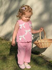 SHEIN LMoss Kids 2件套女婴编织圆领蝴蝶结装饰休闲背心和打底裤套装 - 粉色 - 查看 4