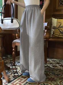 FRIFUL 女士纯色弹力腰直筒运动裤，宽松休闲百搭春季裤 - 灰色 - 查看 9