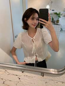 DAZY Women's Casual Round Neck Lace Tie-Up Short Sleeve Blouse - White - View 4