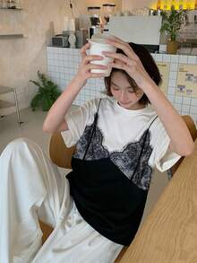 DAZY Women's Lace Camisole Casual Short Sleeve T-Shirt - White - View 2