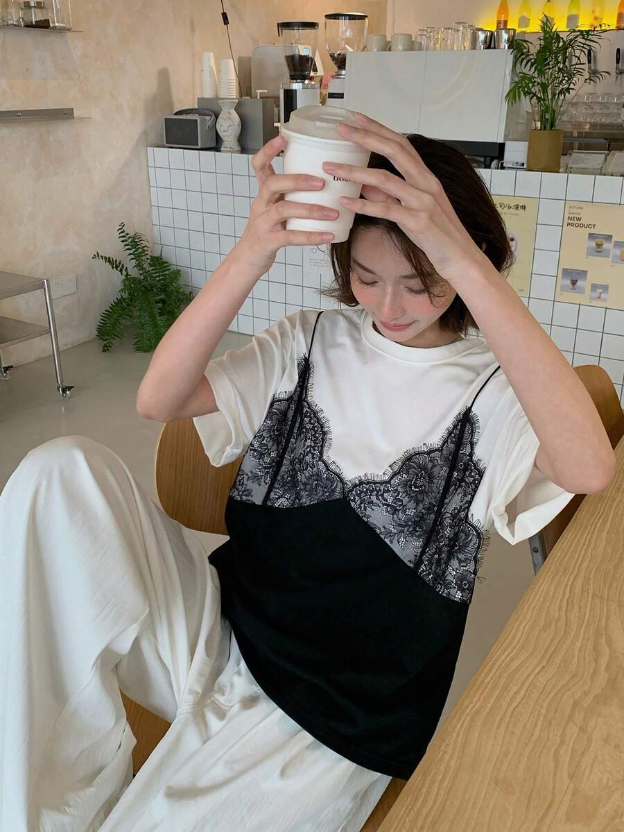 DAZY Women's Lace Camisole Casual Short Sleeve T-Shirt - White - View 1