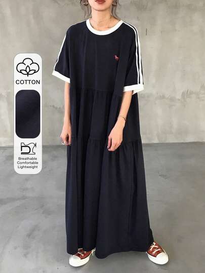 FRIFUL 女士藏蓝色撞色长连衣裙，精致刺绣，休闲运动风，夏季