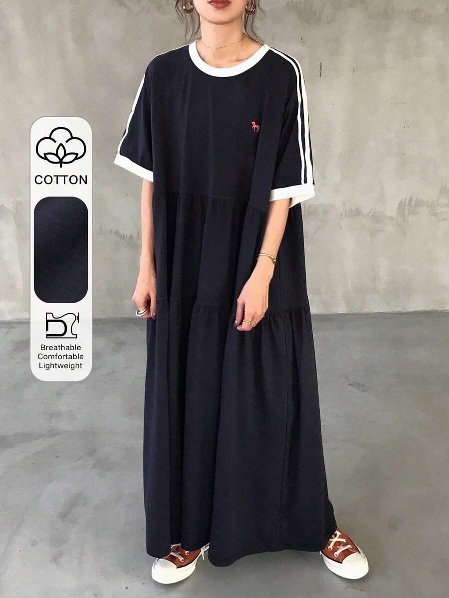 FRIFUL 女士藏蓝色撞色长连衣裙，精致刺绣，休闲运动风，夏季长款连衣裙 - 藏蓝色 - 查看 1