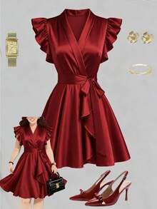 GlowEve CURVE 优雅奢华荷叶袖V领系带腰身A字喇叭裙摆派对情人节大码连衣裙 - 紅色 - 查看 1