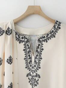 Lyxana Women's Elegant Round Neck Cutout Ribbon Printed Long Loose Dress, Suitable For Holidays And Vacations, Spring/Summer And Autumn/Winter - Multicolor - View 4