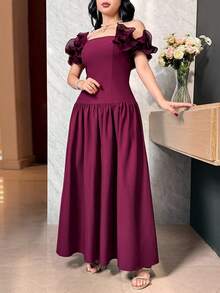 Feyla 女士优雅露肩荷叶边连衣裙，适合派对穿着 - 酒紅色 - 查看 4