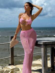 Swim SXY 女士钩针海星吊带上衣和针织长裙两件套，粉色，海滩度假风 - 粉色 - 查看 3