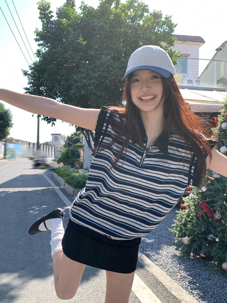 DAZY Women's Polo Collar Striped Casual Short Sleeve T-Shirt - Blue - View 1