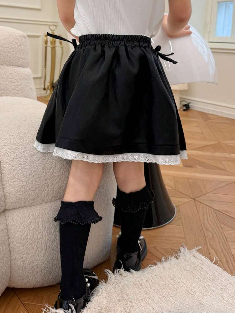 Young Girls PU Bow Lace Patchwork Casual Korean Style A-Line Skirt