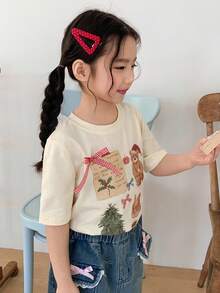 DAZY Young Girls' Round Neck Cartoon Korean Style Christmas Bow Tie T-Shirt Spring - Apricot - View 5