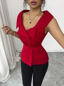 Elenzga 女士优雅休闲通勤度假下午茶情人节派对纯色红色V领大翻领开襟双排扣口袋暗扣腰带修身短款衬衫，春夏款 - 紅色 - 查看 3