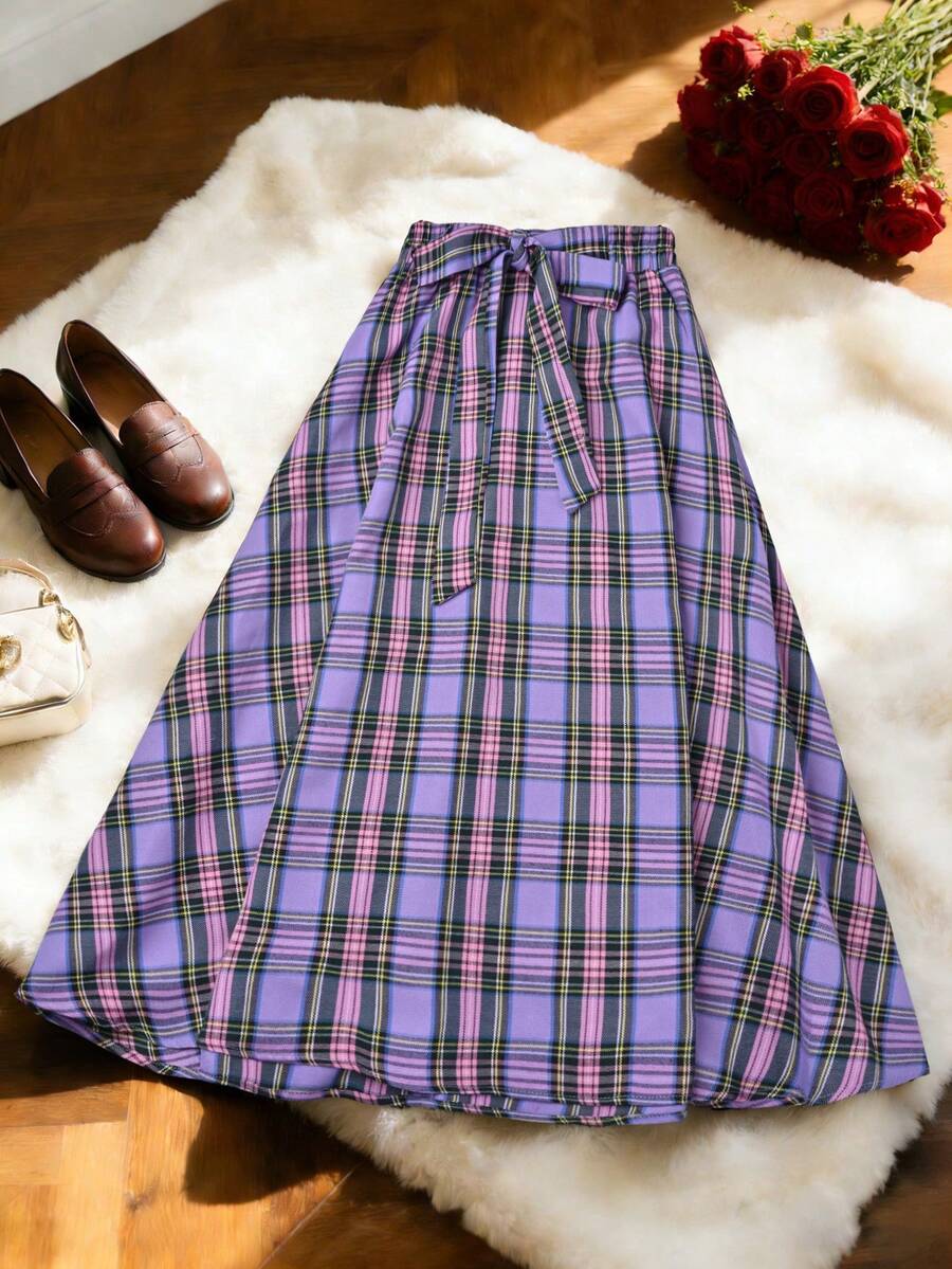 SHEIN Franclia 女士时尚休闲通勤新年圣诞节格子印花系带A字裙 - 紫色 - 查看 1