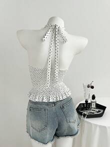 Elamini Áo hai dây nữ kiểu dáng thường ngày, thanh lịch, gợi cảm, xếp ly sâu, thắt eo, phối ren, viền bèo nhún. - trắng - Xem 2