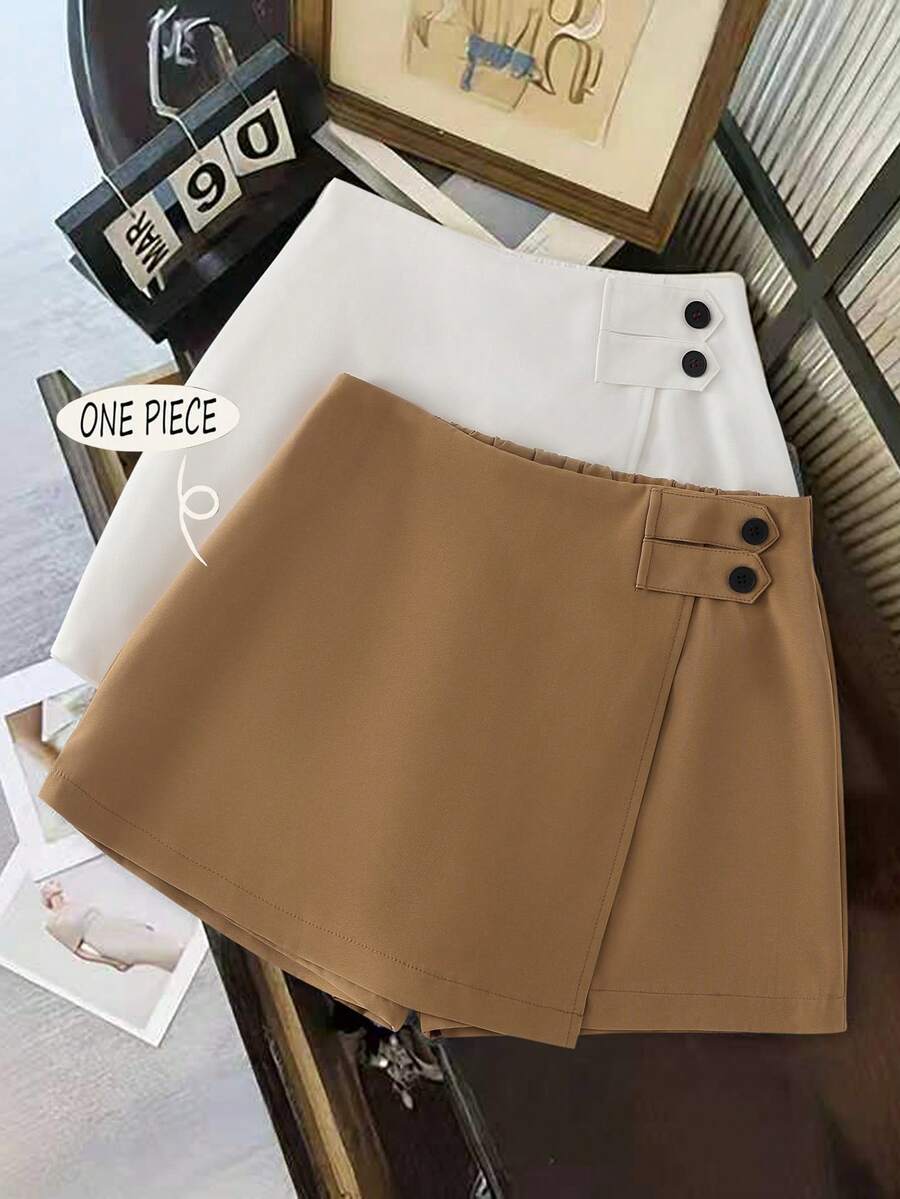 Franclia Women's Casual Skorts With Button Design At Waist And Asymmetric Hem - Brown - View 1