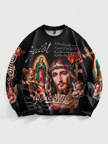 Sudadera casual con gráfico de eslogan para hombres, otoño/invierno - Negro - Ver 1