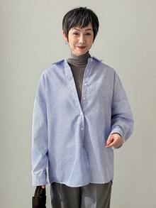 FRIFUL Striped Print Button Front Blouse Long Sleeve Top