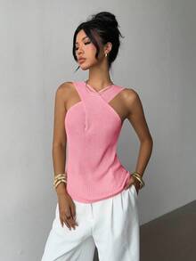 Selianne 女士纯色吊带休闲百搭日常针织上衣 - 粉色 - 查看 4