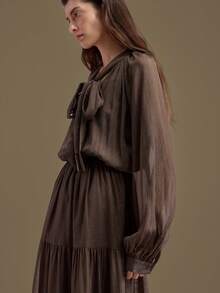 Ontre 2026SS Spring/Summer Women's Long Dress, Minimalist Elegant, Apparel, Bow Tie, Long Sleeve, Flared Skirt, Dark Coffee Color, Loose Fit, Chiffon Fabric, Wrinkle-Resistant, Resort Style, Holiday, Party, Women's Spring/Summer Apparel, Women's Office Workwear, Women's Dress, Urban Chic, Casual Versatile, Party Dress, Wedding Guest Outfit - Coffee - View 5