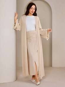 Modelyn Conjunto modesto y elegante de estilo vintage árabe para mujer con diseño de volantes con estampado floral en los puños, ajuste ceñido - Albaricoque - Ver 3