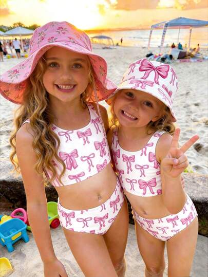 Cute Ballet Style Pink Bow Print Pattern, Ins Vibe, Sister/BFF Matching, Tween Girls Casual Minimalist Camisole & Triangle Bikini Swimsuit Set, Suitable For Summer, Vintage, Color Block, Kawaii, Party, Summer 2026, Cottagecore, Playdate, Weekend Casual, Family Outing, Photoshoot Outfits