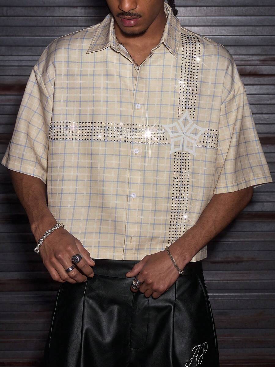 AXEPEAK Men's Plaid Rhinestone Embellished Single-Breasted Casual Commuter Short Sleeve Shirt - Khaki - View 1