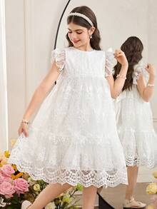 SHEIN Tween Girl Elegant Lace Cap Sleeve Ruched Dress, French Elegant Dress, Flower Girl Dress, White Dress - White - View 4