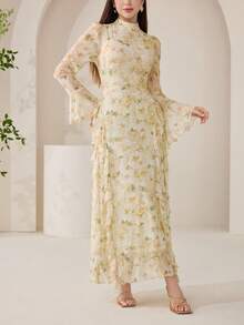 Veilorie Women's Floral Print Stand Collar Flare Sleeve Ruffle Hem Elegant Dress - Multicolor - View 2