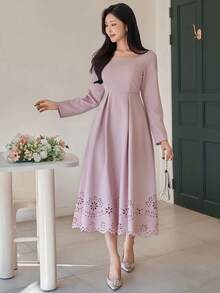 DAZY Vestido largo de mujer de cuello cuadrado elegante y de unicolor con diseño hueco, vestido de invitada de boda de verano y primavera - Rosa - Ver 5