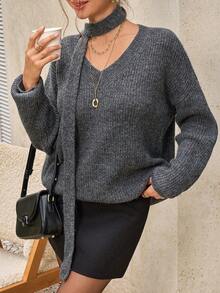 INAWLY Women's Solid Color Drop Shoulder Long Sleeve Casual Loose Knit Sweater, Autumn/Winter - Grey - View 6