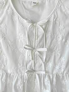 SHEIN 少女休闲日常度假纹理提花蝴蝶结前襟无袖衬衫 - 白色 - 查看 6