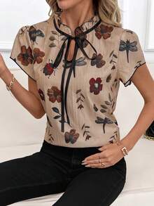 SHEIN Clasi 修身女士印花系领短袖衬衫，夏季教师乡村风 - 彩色 - 查看 6