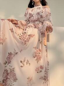 DAZY Women's Elegant Floral Ruffle Cold-Shoulder Blouse And Skirt 2-Piece Set, Spring/Summer - Pink - View 4