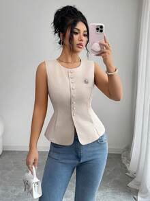 Modelyn Women's Solid Color Round Neck Sleeveless Front Button Elegant Versatile Tank Top - Khaki - View 2