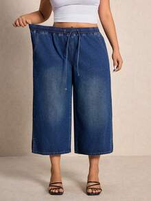 Elaquor Plus Size Casual Washed Drawstring Waist Wide Leg Jeans - Blue - View 7