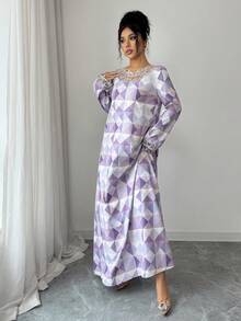 Yasmyna 女士几何印花宽松圆领长袖阿拉伯风格连衣裙 - 彩色 - 查看 5