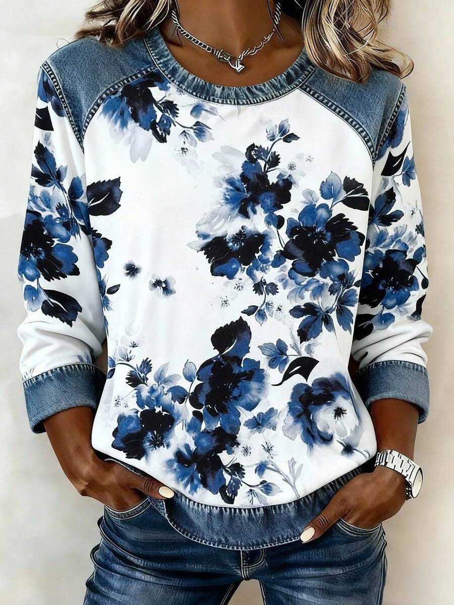 EMERY ROSE Crew Neck Short Sleeve Fashionable Printed Casual T-Shirt, Summer - Multicolor - View 1